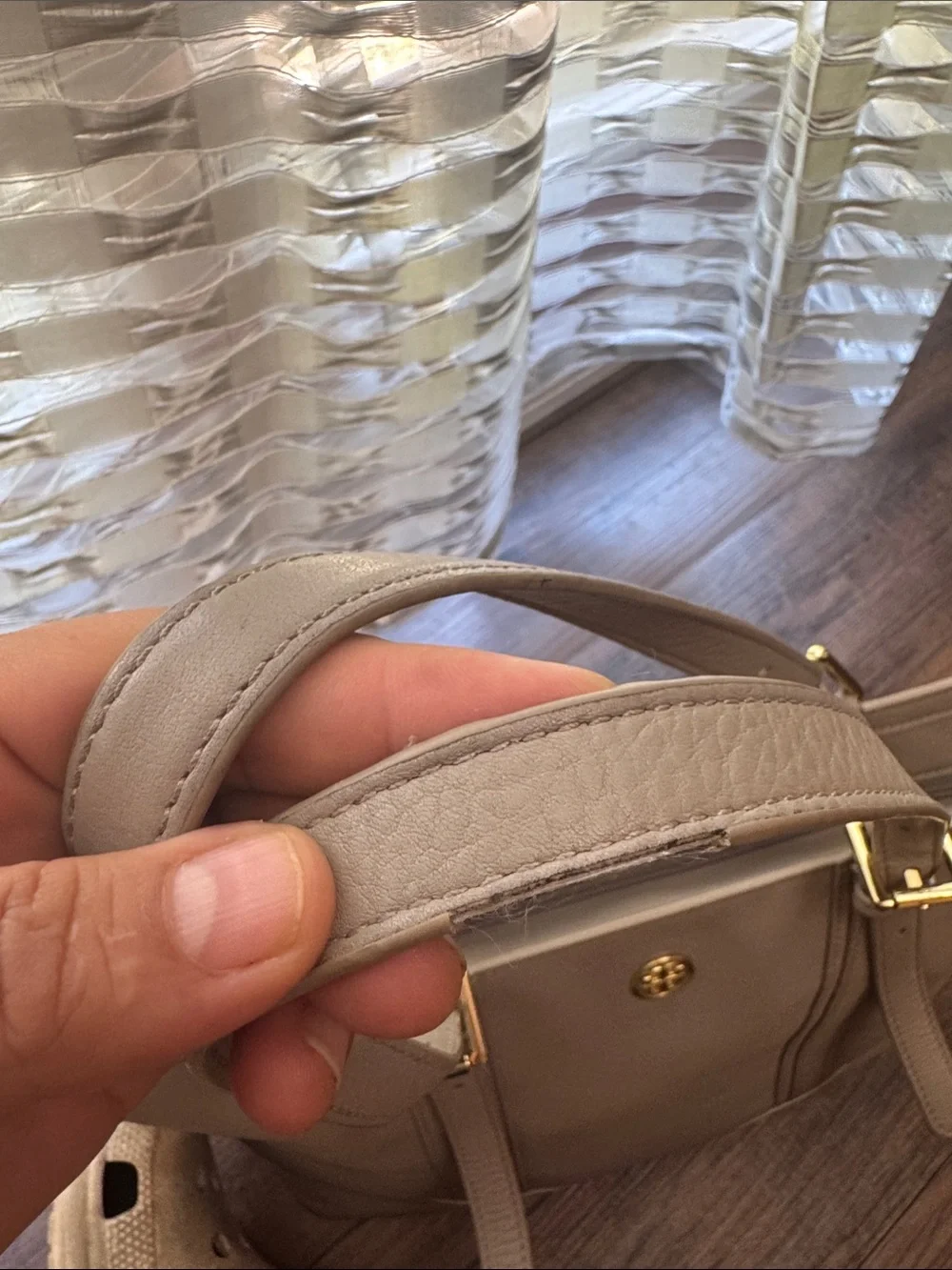 Tory Burch gray Pebbled Leather Tote with Gold Logo